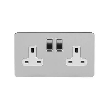 Soho Lighting Brushed Chrome Flat Plate 13A 2 Gang Switched Socket Double Pole White Insert
